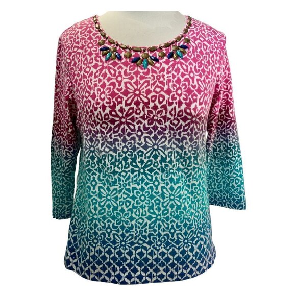 Ruby Rd petite quarter sleeve embellished collar spandex pullover tunic top PM - Picture 1 of 10